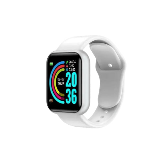 D20 Smart Watch on a white strap showing a colorful activity tracker and time display on the screen.