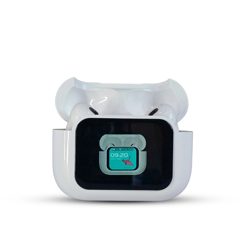 White E11 wireless earbuds with a screen displaying a digital clock on a white background