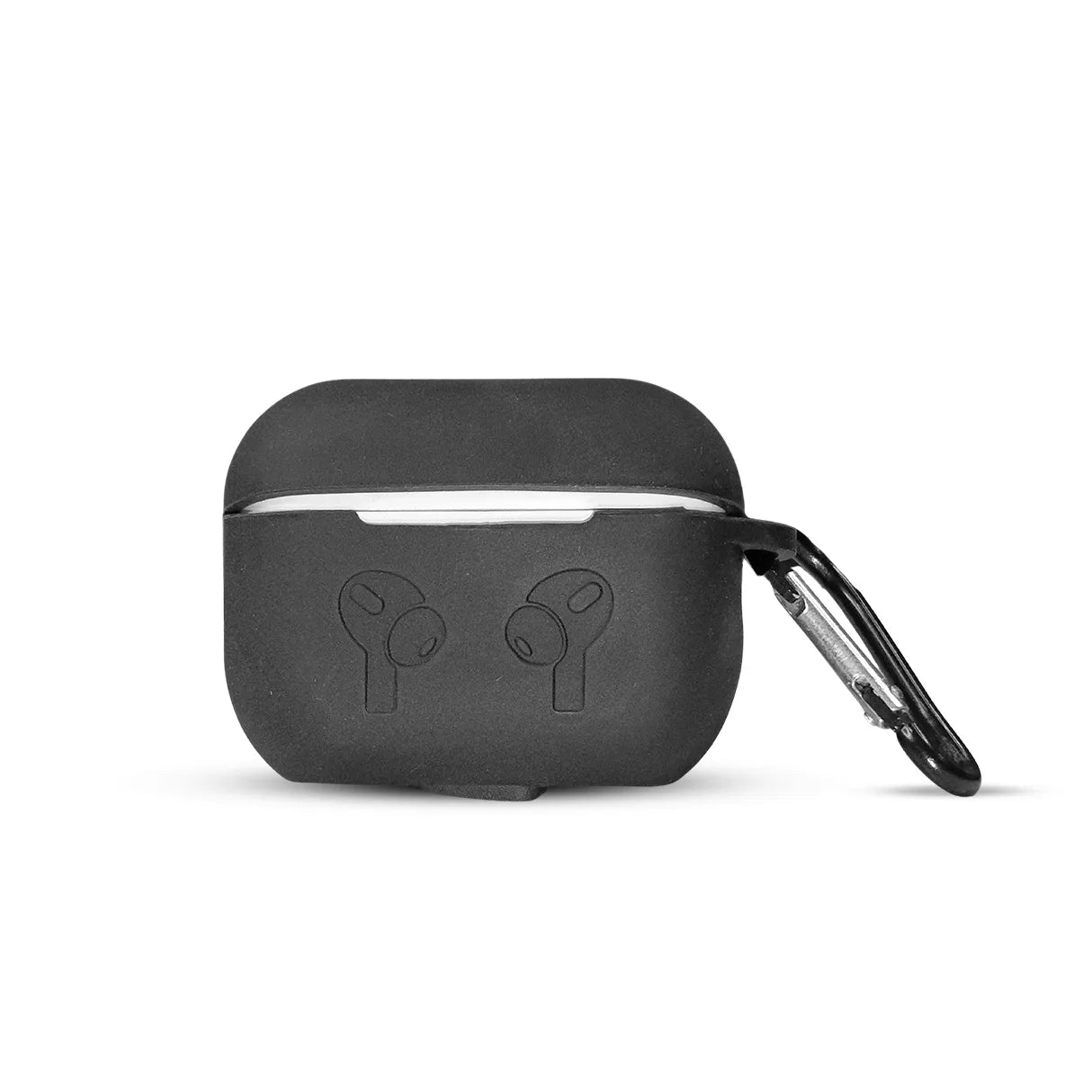Black Earbuds Design Silicone Case for AirPods Pro 2 with earbuds print and carabiner clip.