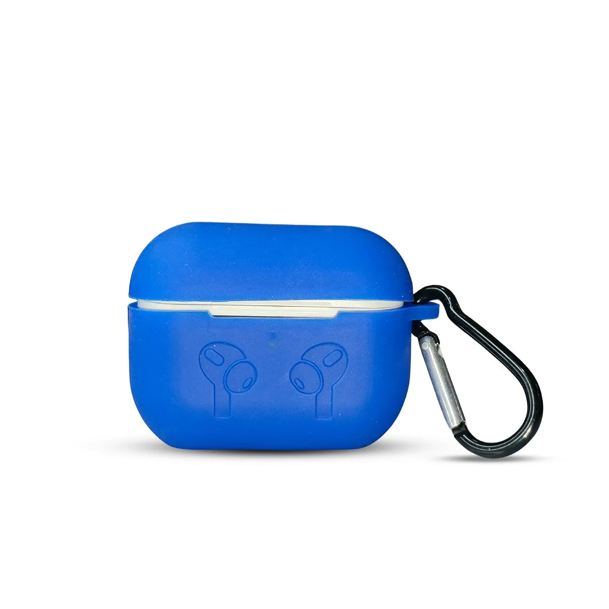 Blue Earbuds Design Silicone Case, featuring a sleek design with an earbuds print on the front and a carabiner clip for portability.