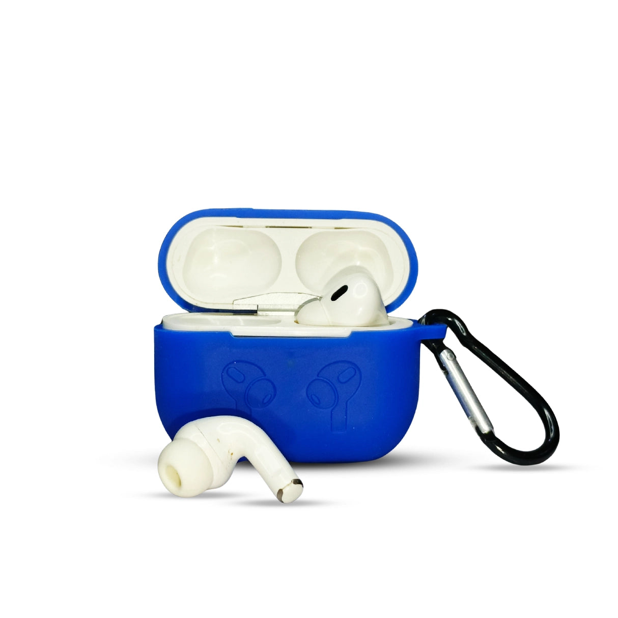 Blue Earbuds Design Silicone Case with AirPods inside, one earbud outside the case, and a carabiner clip for easy portability.