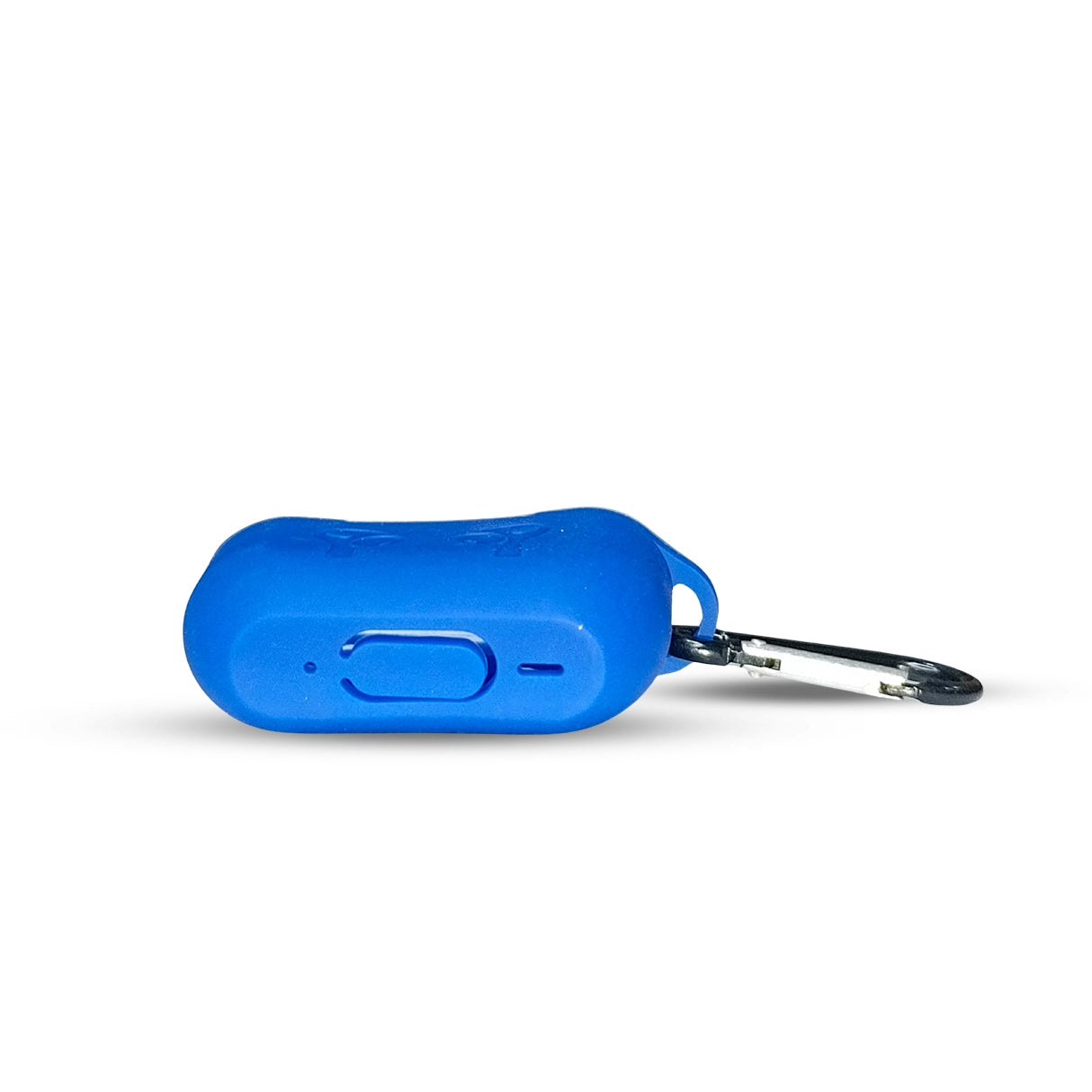 Side view of the blue Earbuds Design Silicone Case with a charging port access hole and carabiner clip attachment