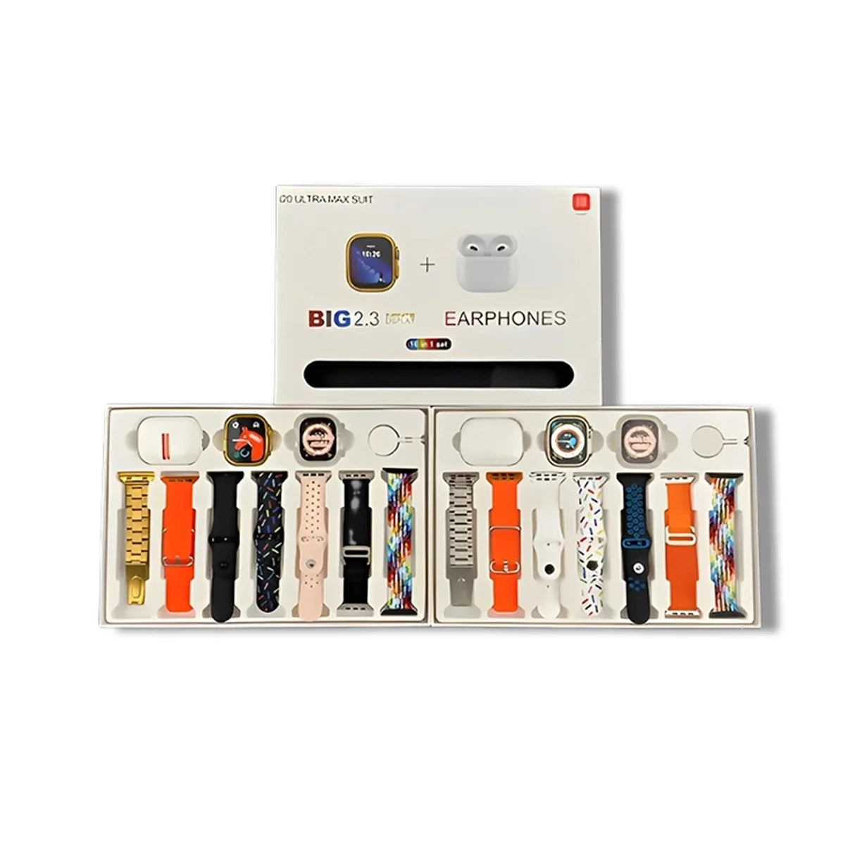 i20 ultra Box containing various watch bands and earphones on a white background