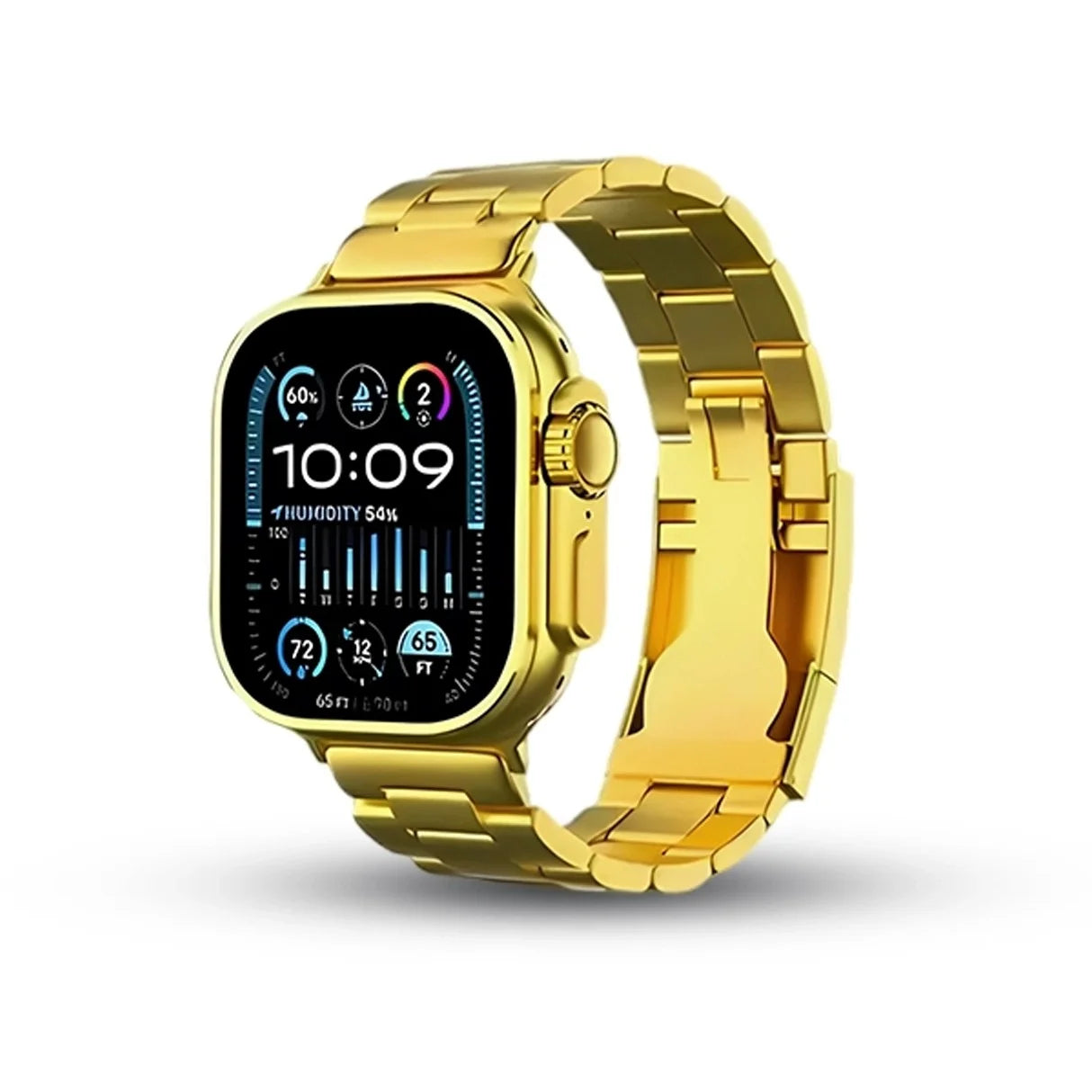 i20 Gold smartwatch with a metallic band on a white background