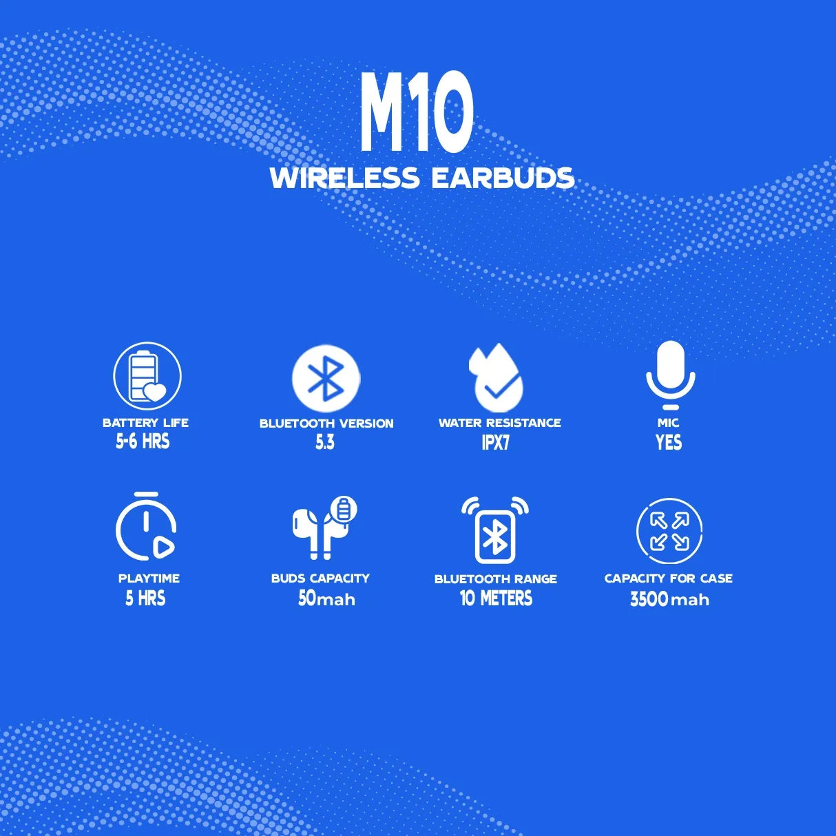 M10 wireless earbuds feature card with icons and text on a blue background