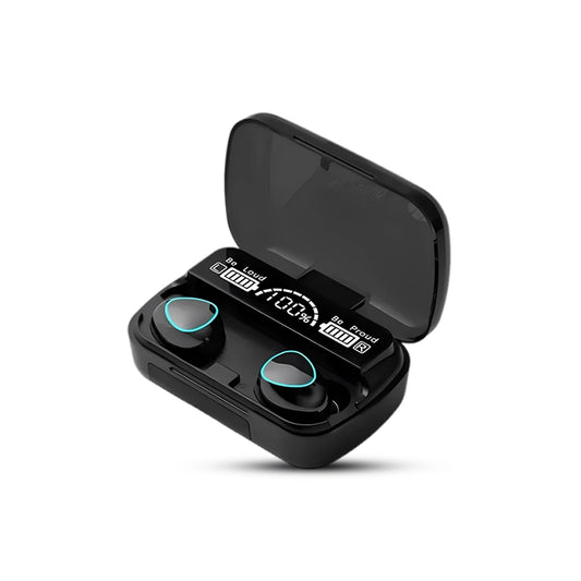M10 Black wireless earbuds in a charging case with digital display on a white background