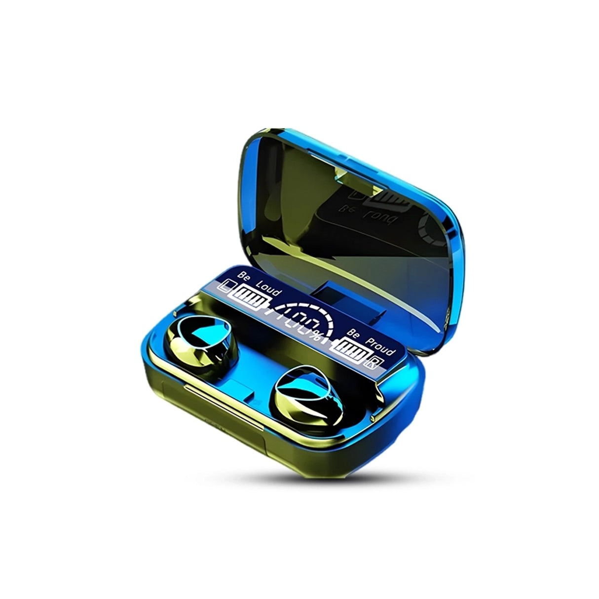 M10 Blue and Black wireless earbuds in a transparent case on a white background