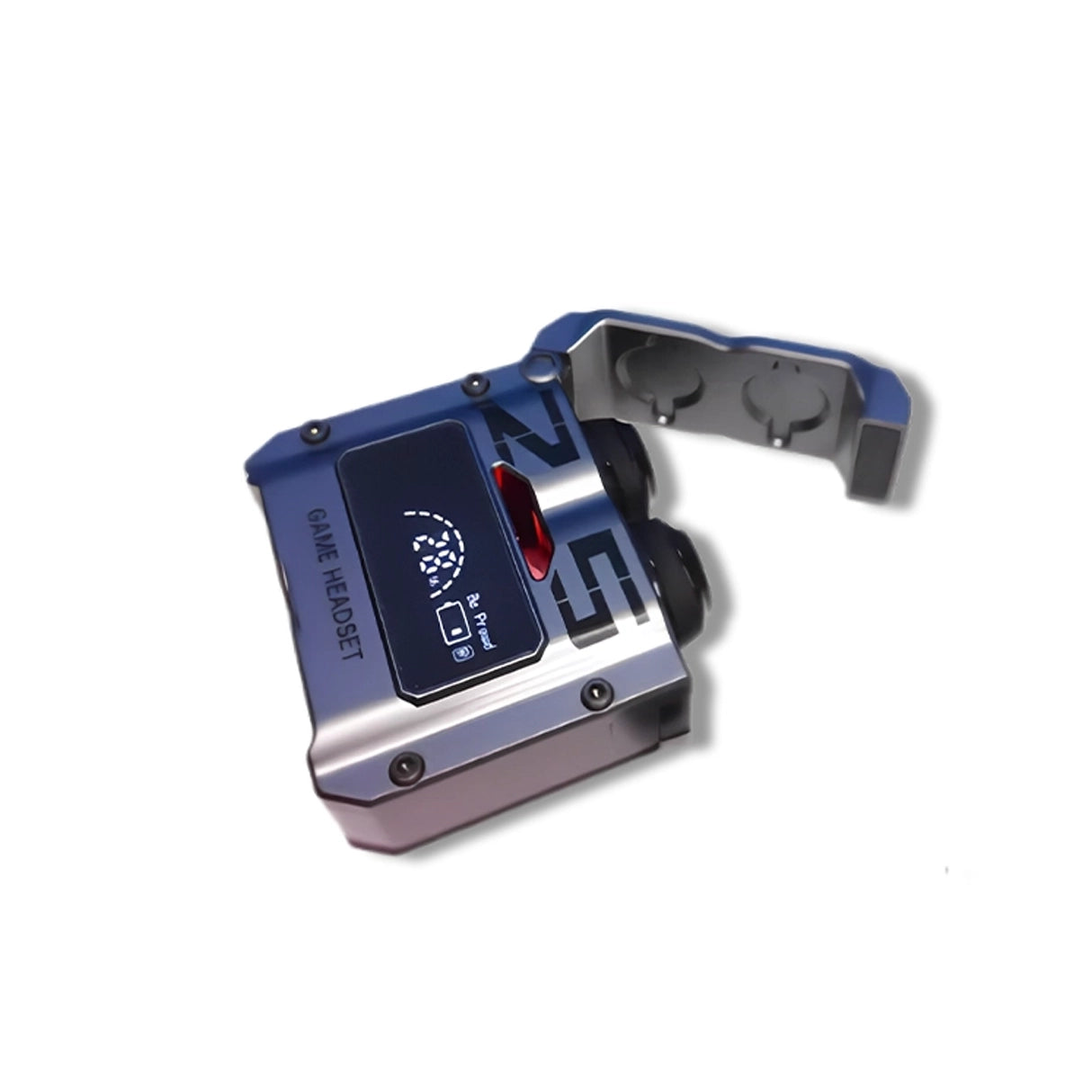 Close-up of a blue and silver M25 gaming earbuds on a white background