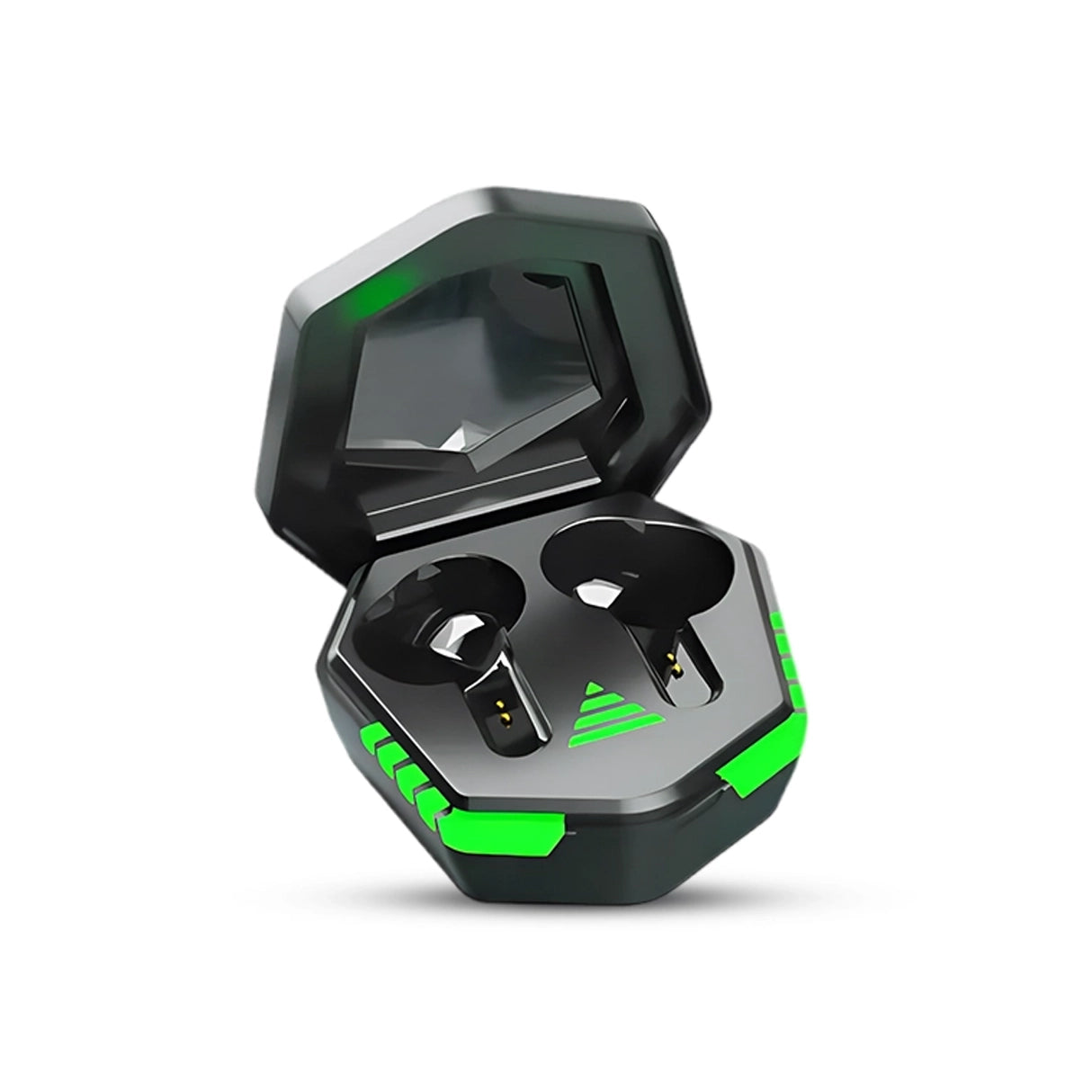 N35 Black and green wireless earbuds in a hexagonal charging case on a white background