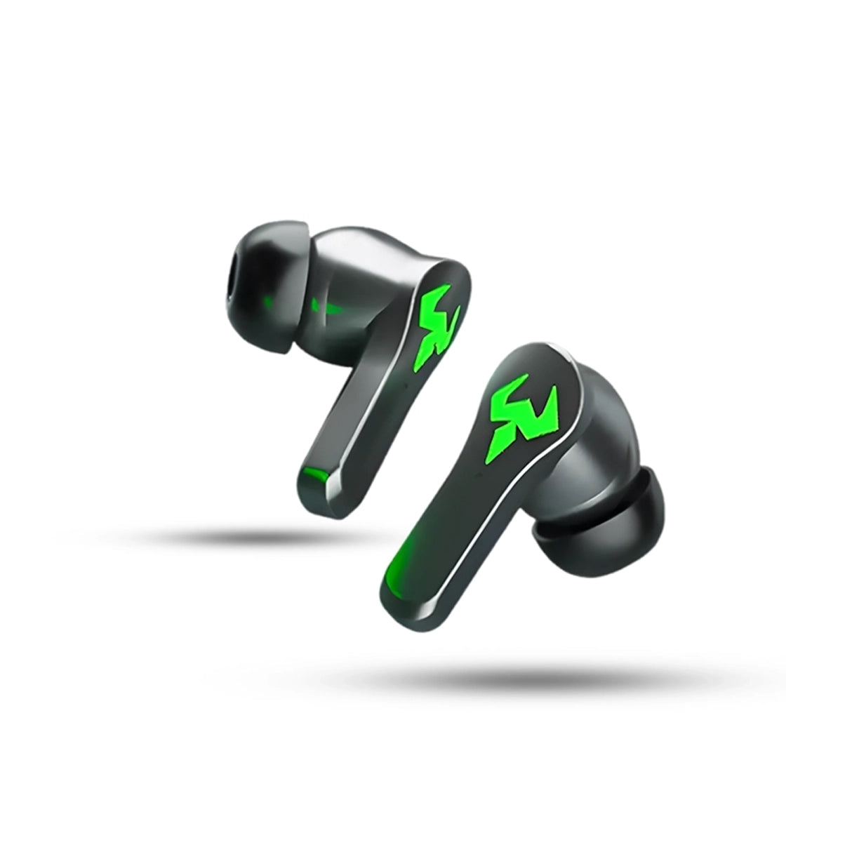 N35 Black wireless buds with green logo on a white background