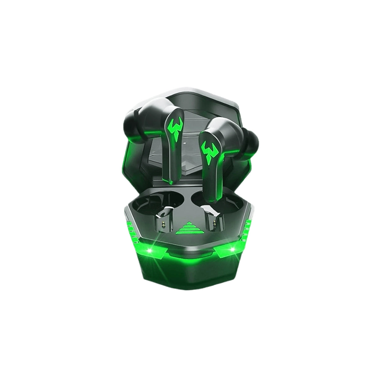 N35 Green and black wireless earbuds in a charging case with Display light