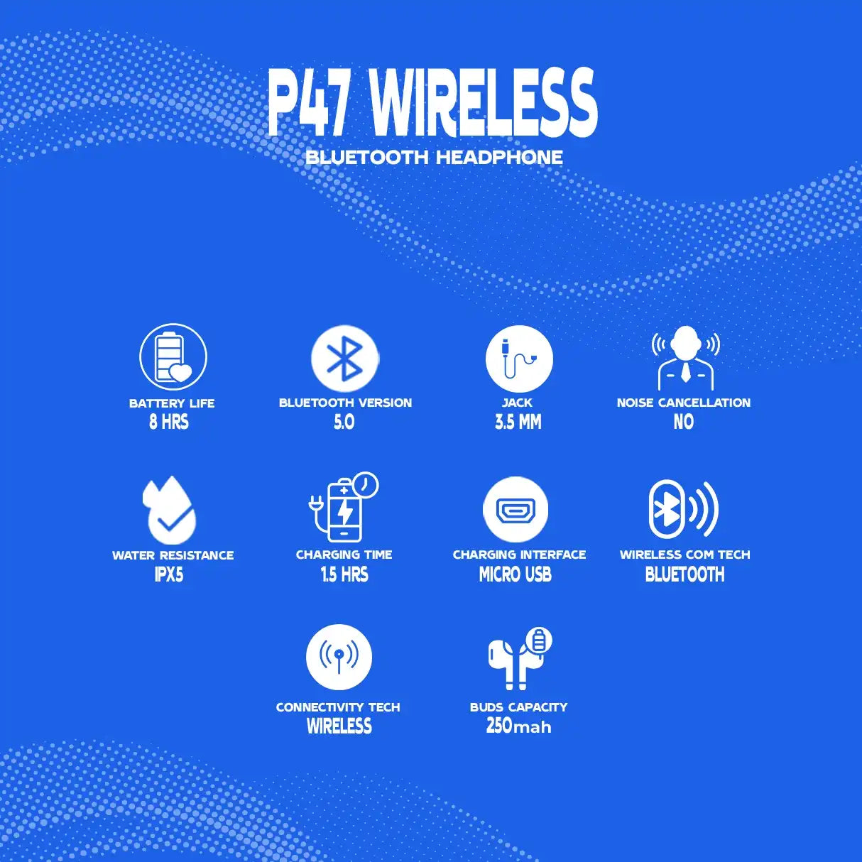 P47 Wireless Bluetooth Headphone specifications on a blue background