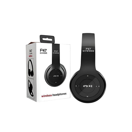 Black wireless headphones with packaging on a white background