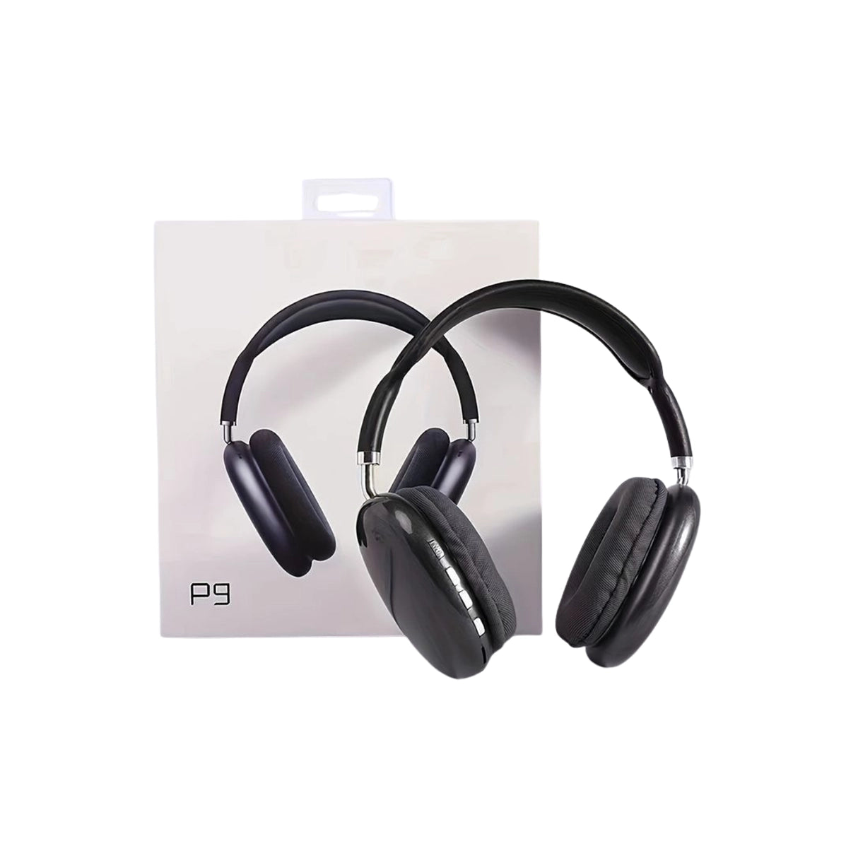 Black headphones with 'P9' branding on a white background