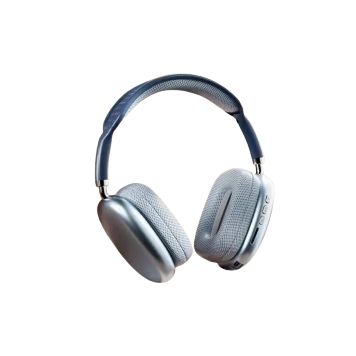 Blue over-ear headphones with control button on a white background
