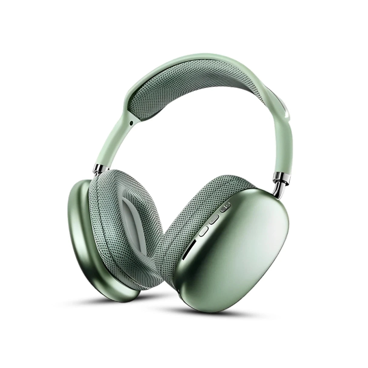 P9 green headphones with volume control button on a white background
