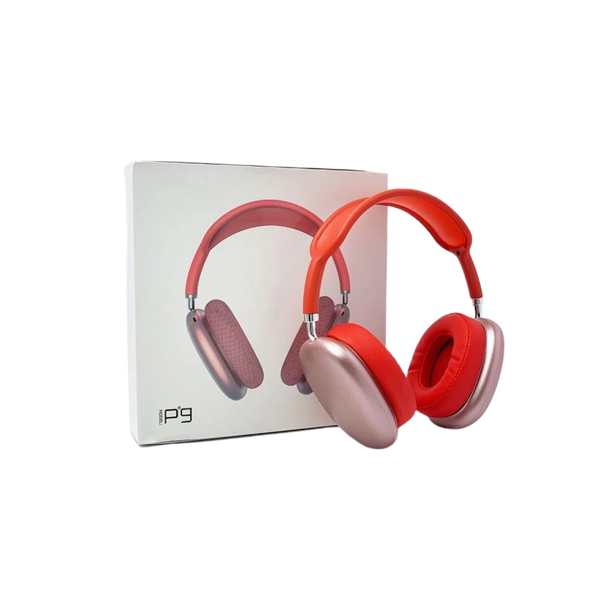 P9 Red headphones with a matching box on a white background