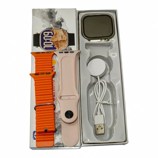 T800 smartwatch with orange band, pink case, and USB cable in packaging