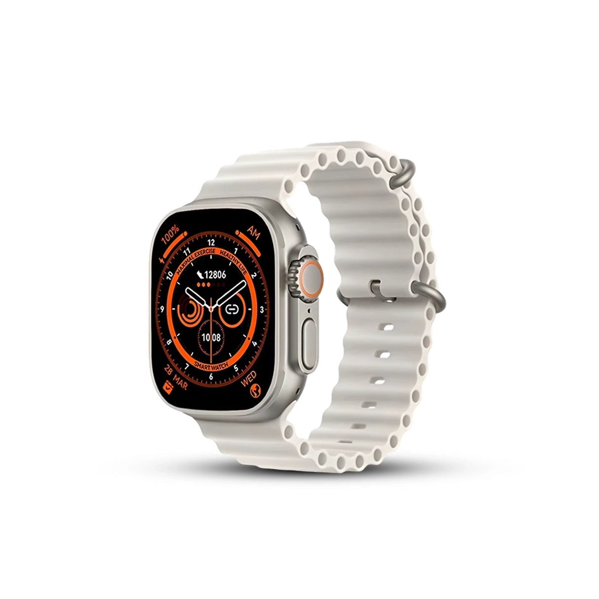 T900 Smartwatch with a white band on a white background