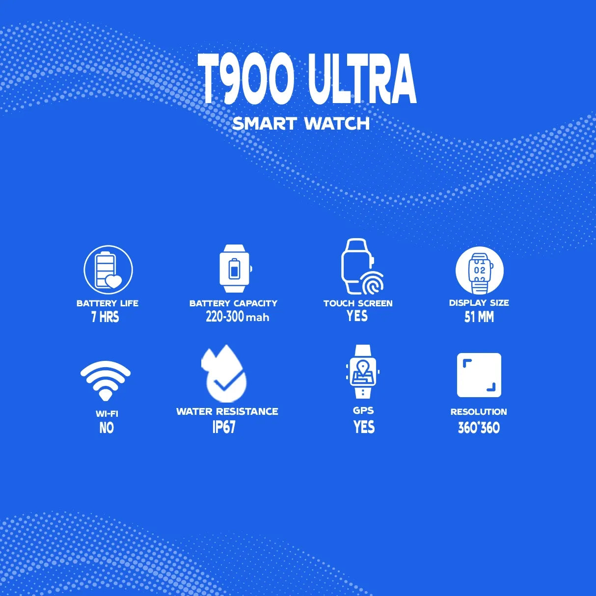 T900 Ultra smart watch specifications on a blue background