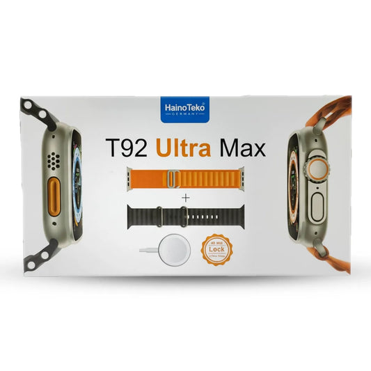 HainoTeko T92 Ultra Max packaging with watch and strap illustrations on a white background