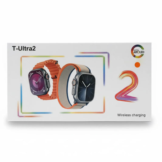 Box for T-Ultra2 smartwatch with two models on a white background