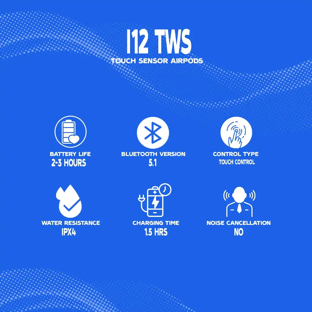 Features of i12 TWS touch sensor airpods on a blue background