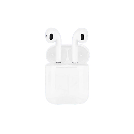i12 White wireless earbuds with charging case on a white background
