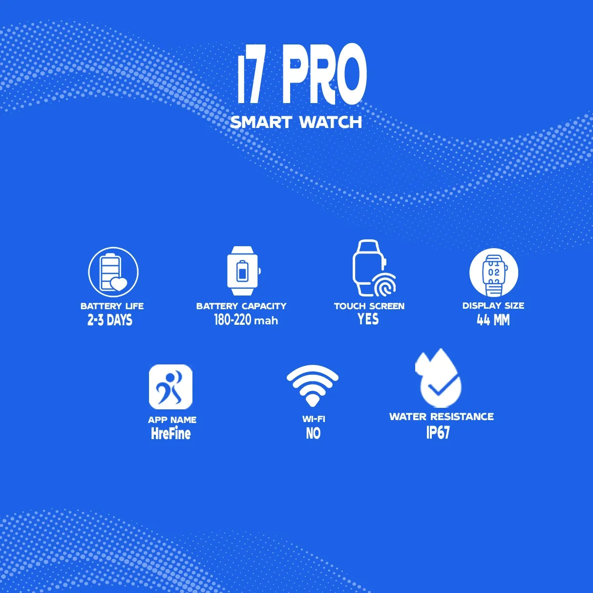 17 Pro smart watch specifications on a blue background