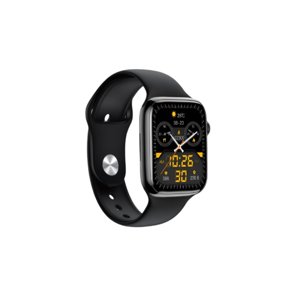 i7 pro Black smartwatch with a digital display on a white background