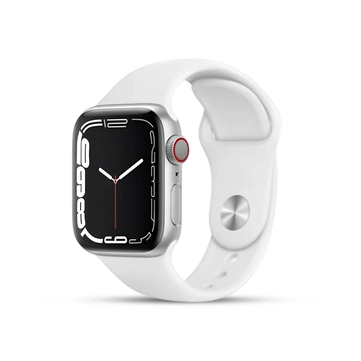 i7 pro Smartwatch with a white band on a white background