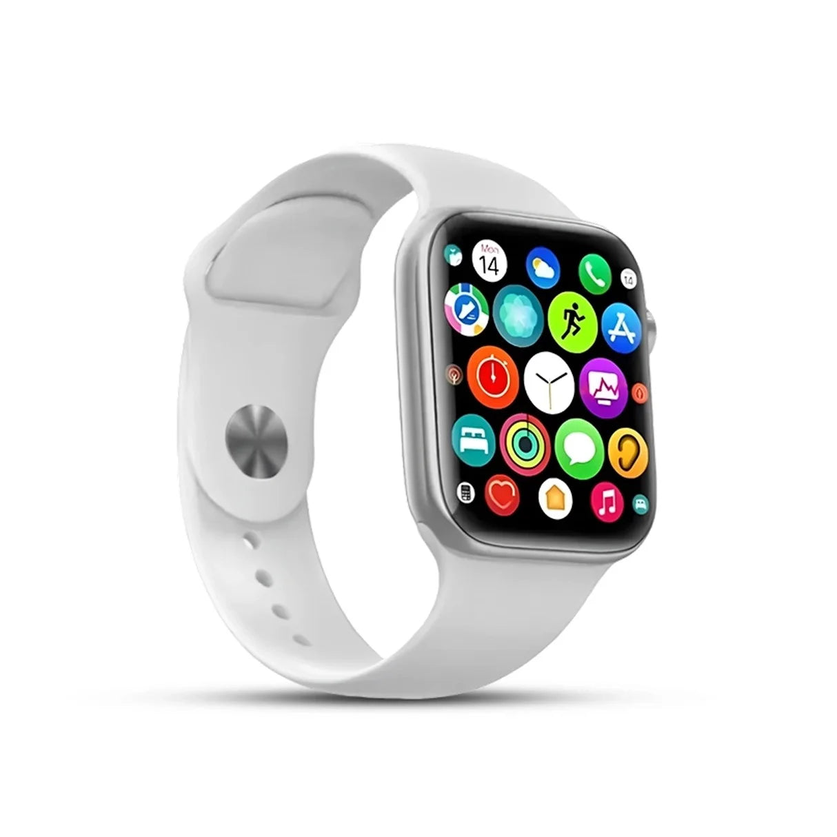 i7 pro Smartwatch with a white band on a white background