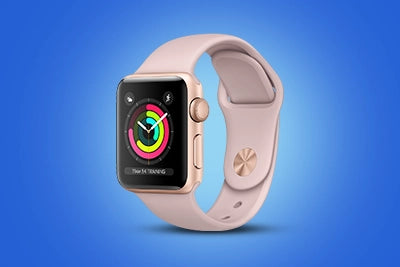 Smartwatch with a pink band on a blue background