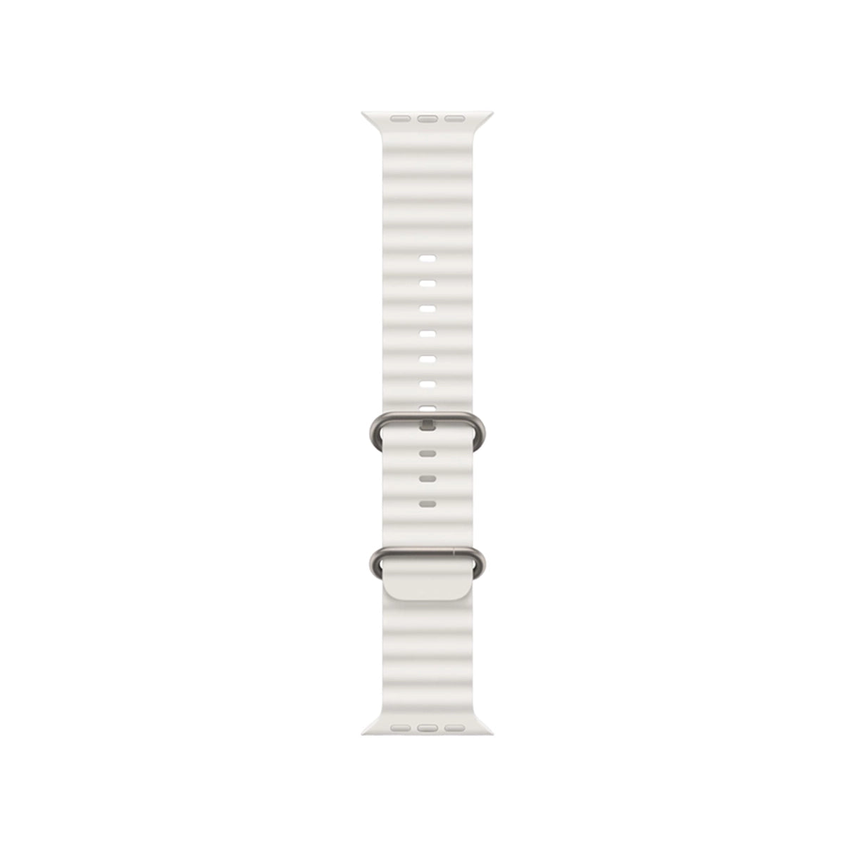 White watch strap with metal buckles on a white background