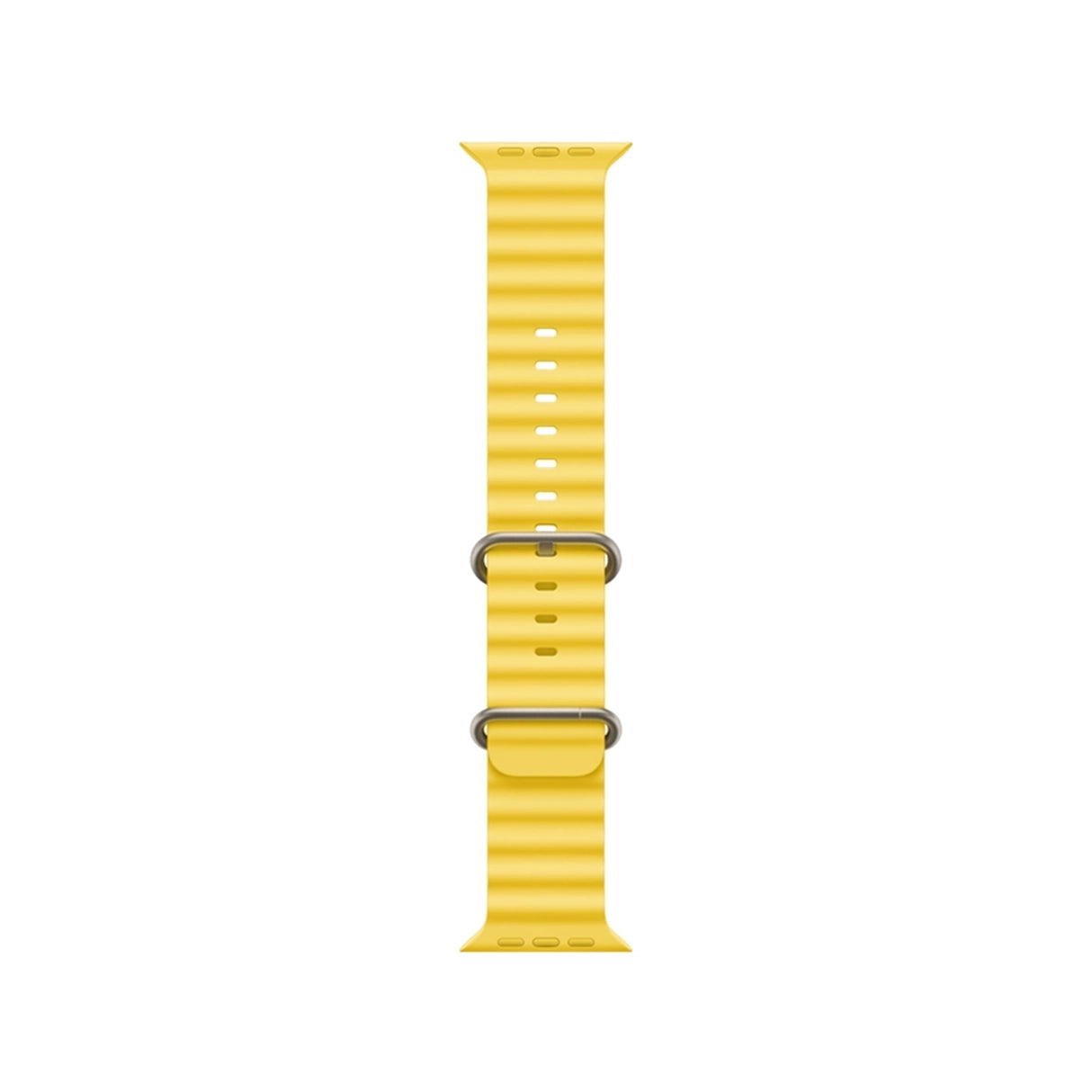 Yellow watch strap with metal buckle on a white background