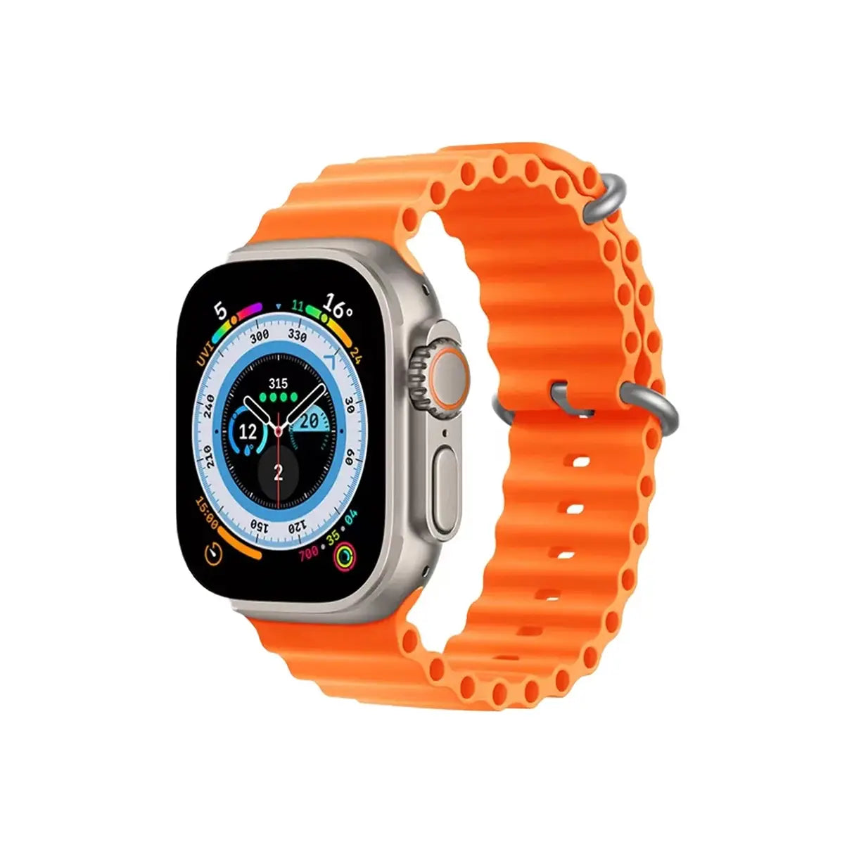 x8 Smartwatch with an orange band on a white background
