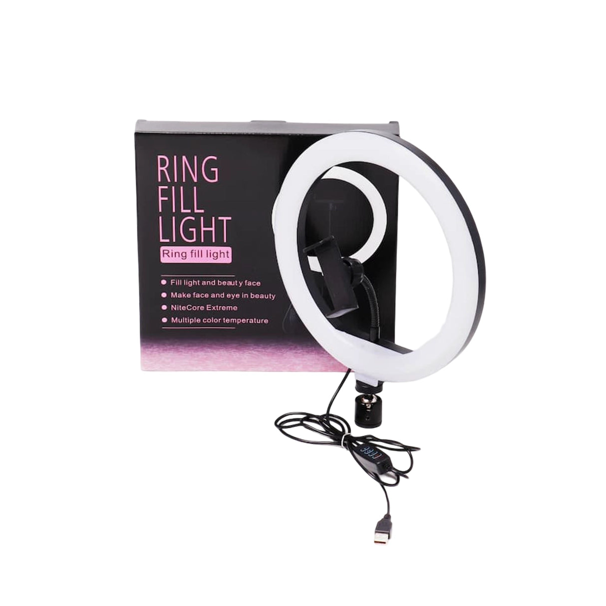 Ring fill light with packaging on a white background