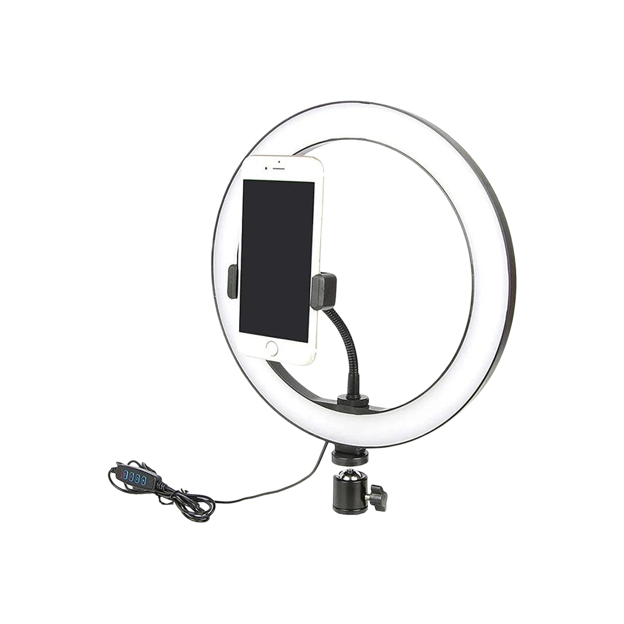 Ring light with smartphone holder on a white background