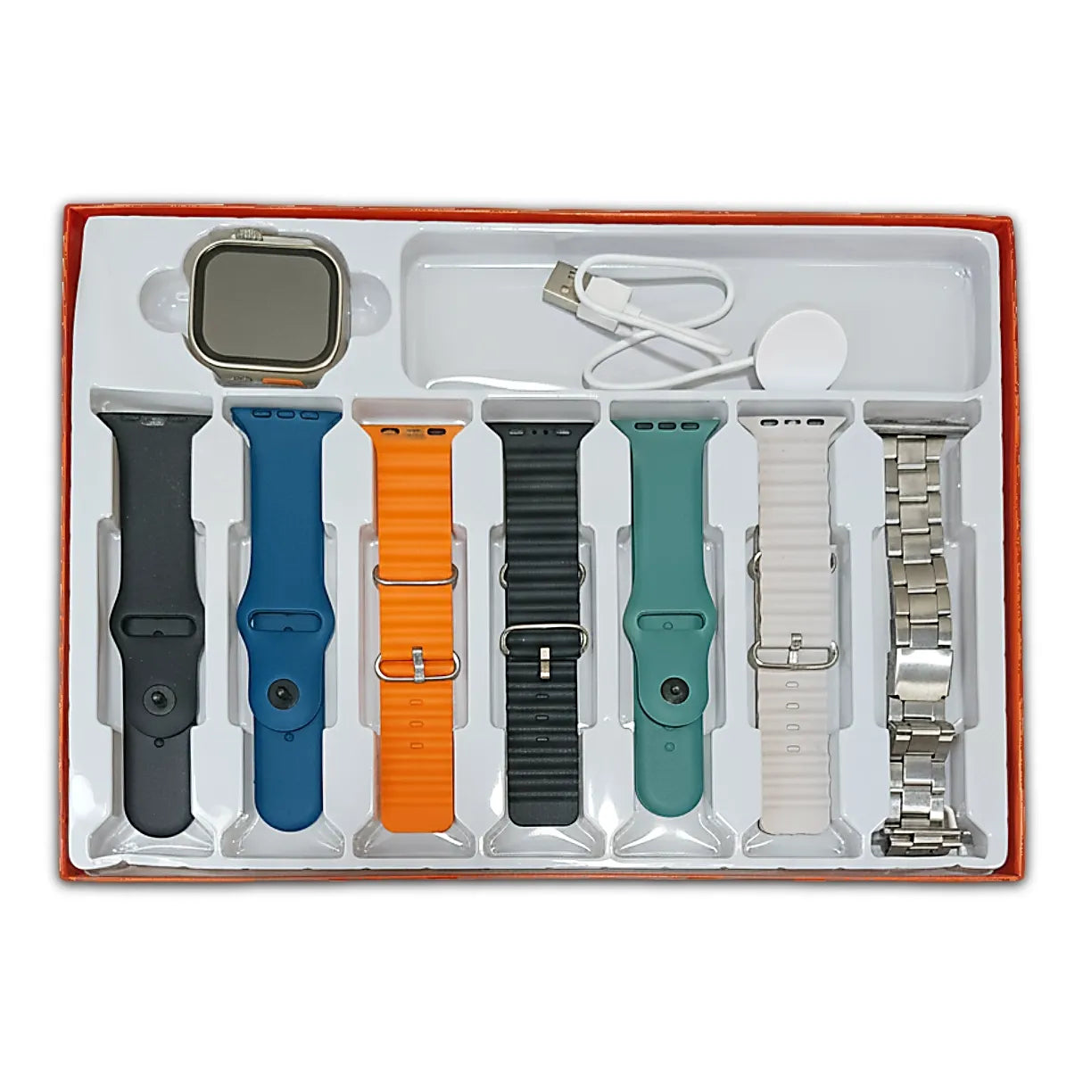 Set of watch bands and accessories in a box on a white background