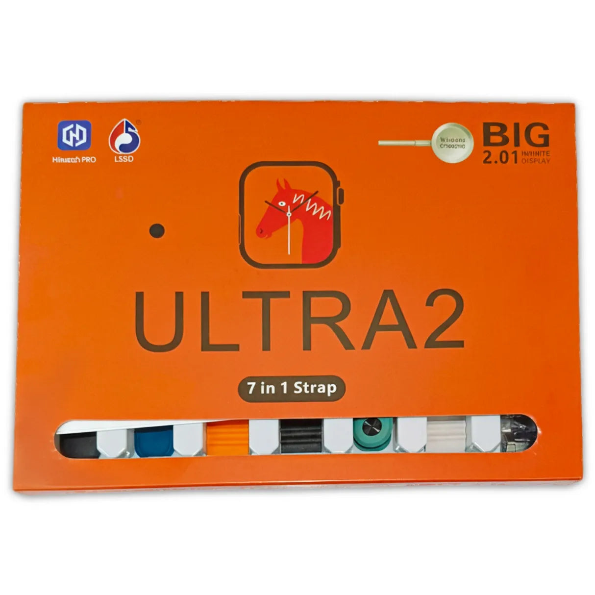 Orange packaging of ULTRA2 7 in 1 strap with brand logos on a white background