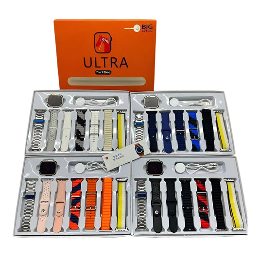 Collection of 7 in 1 watch straps in packaging with an orange 'BIG Ultra' box in the background.