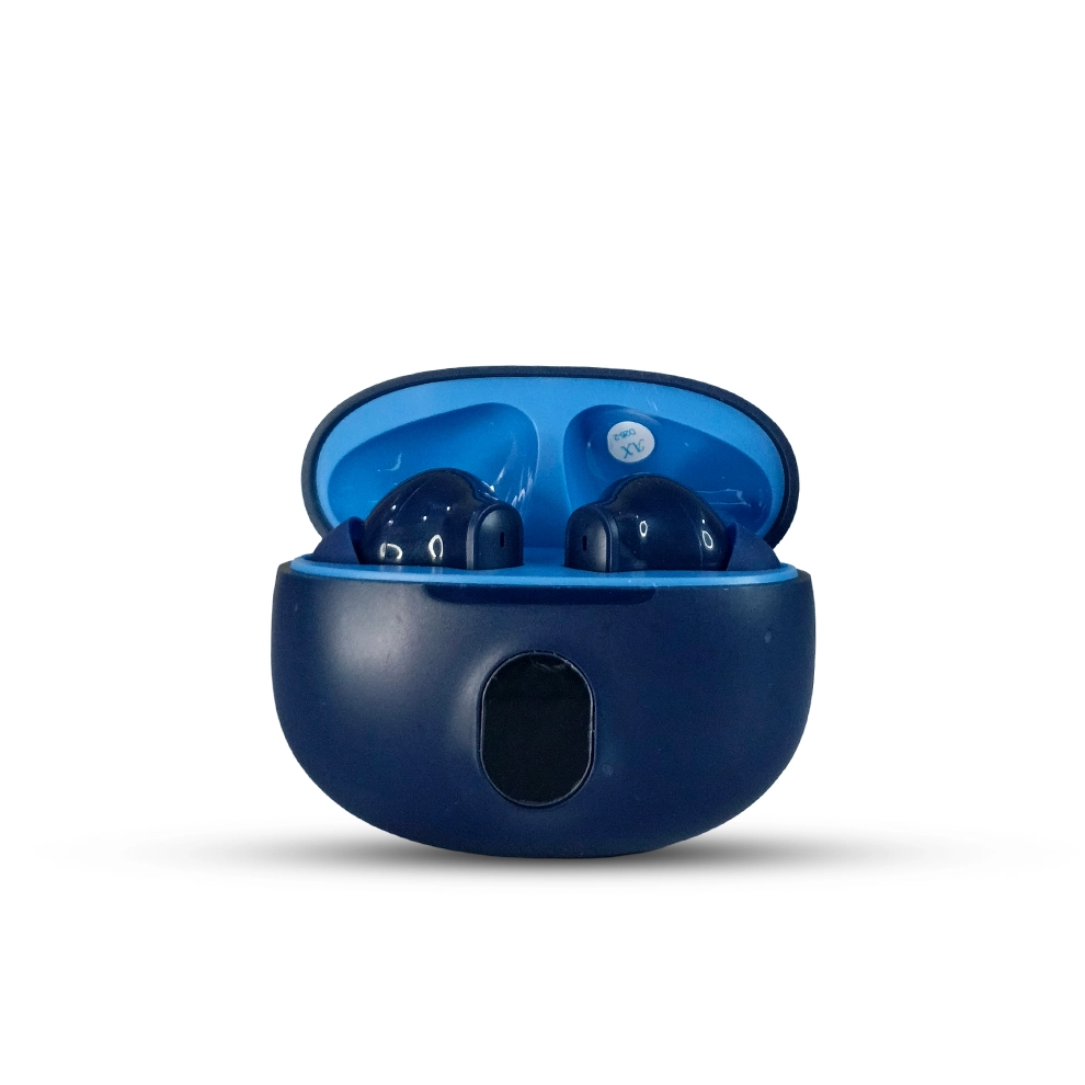 Blue wireless earbuds in an open case on a white background