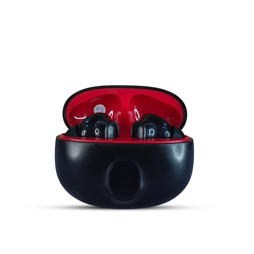 Black Stereo wireless earbuds in a red and black case on a white background