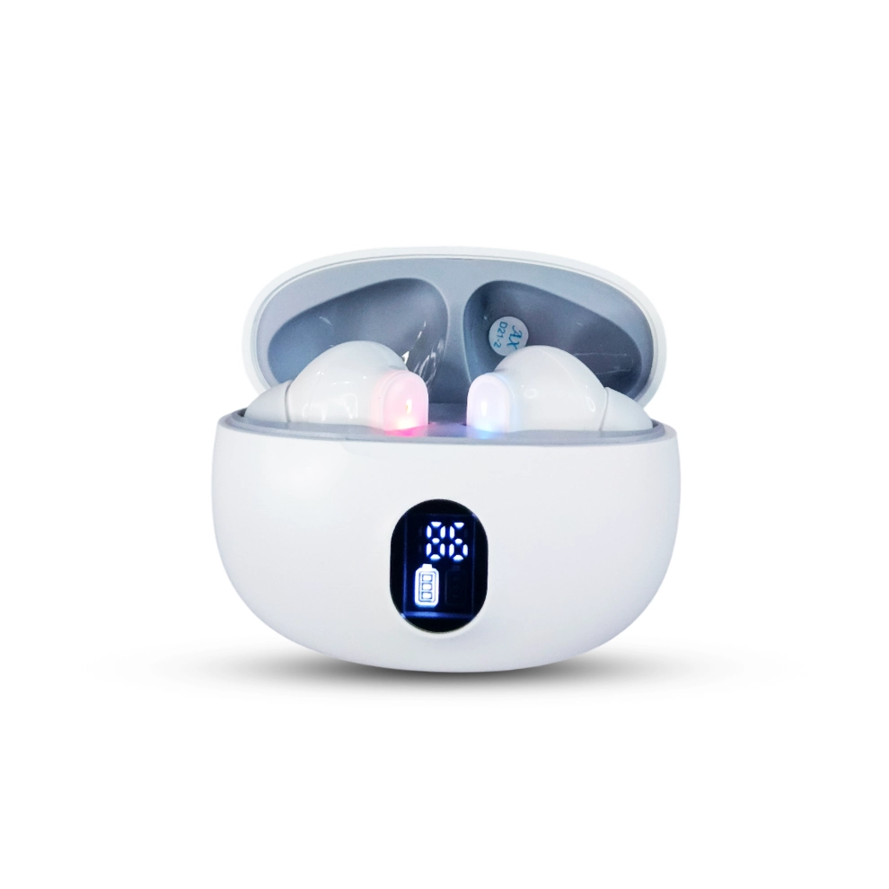 White Stereo Earbuds with a digital battery display on a white background