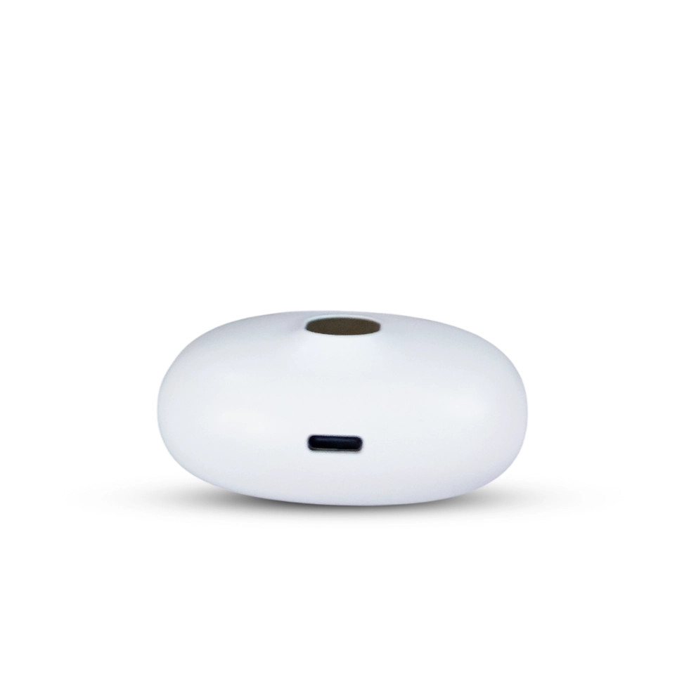 White Stereo earbuds with a C type charging port on a white background