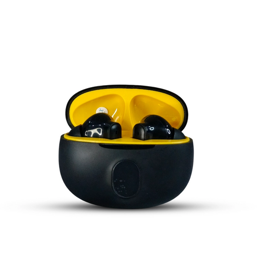 Black Stereo wireless earbuds in a yellow open case on a white background