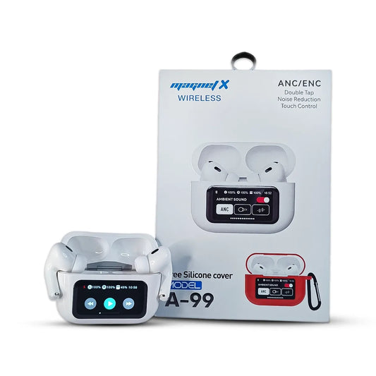 A-99 Wireless earbuds with packaging featuring 'magnet X' branding on a white background