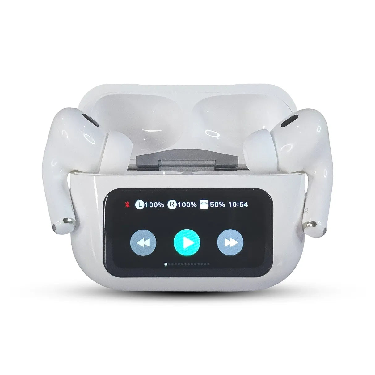 White A-99 wireless earbuds with a screen displaying icons and percentages on a white background