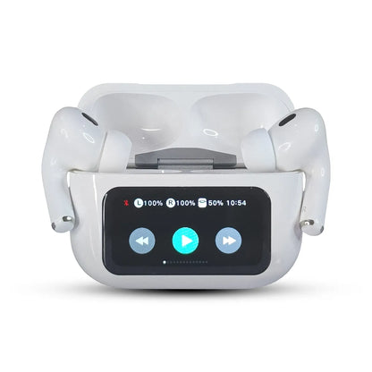 White A-99 wireless earbuds with a screen displaying icons and percentages on a white background