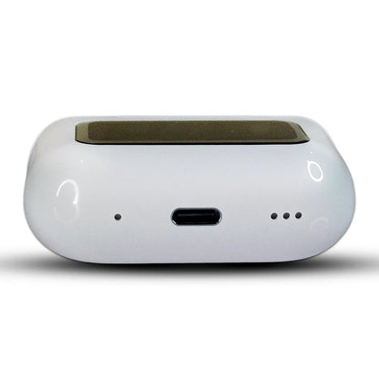 White A-99 wireless earbuds with Touch screen  and charging port on a white background